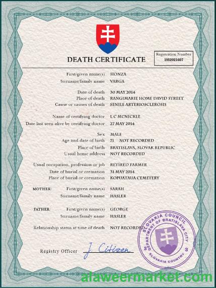 Slovakia vital record death certificate PSD template